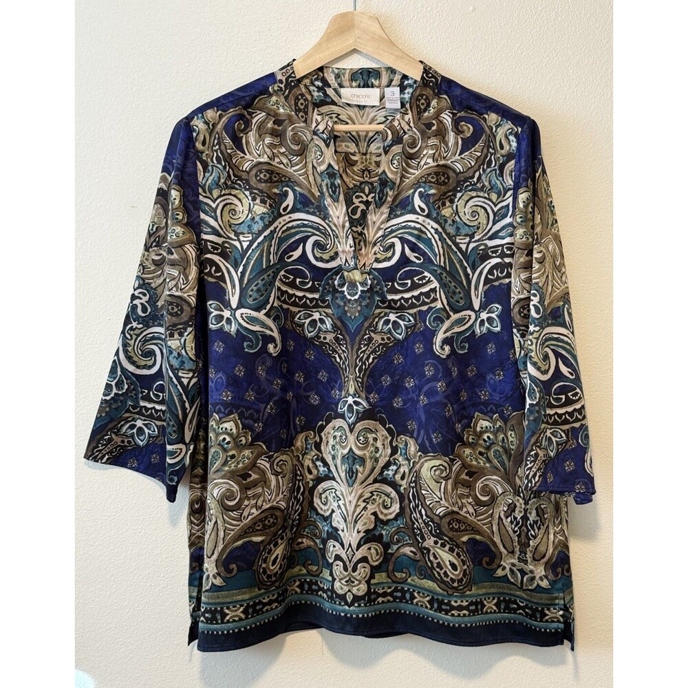 Chico's Tunic Top Size XL 3 Blue Paisley Print Split Neck Boho Bold Colorful